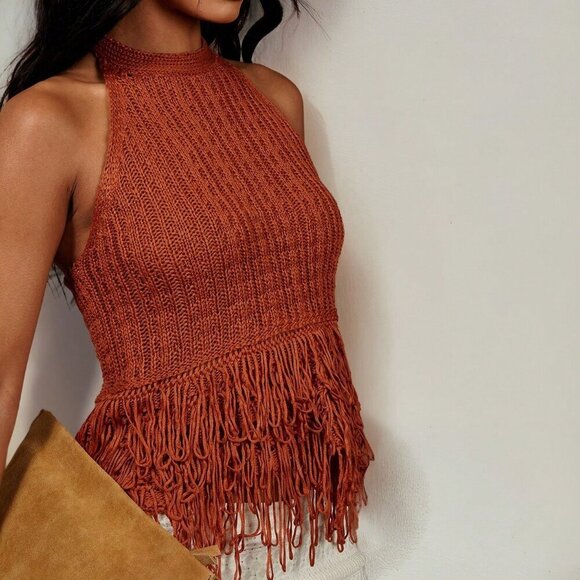 Boho Women's Backless Fringe Hem Knit halter Top - Picture 3 of 7